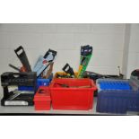 SIX TRAYS CONTAINING WOODWORKING AND ENGINEERING TOOLS including saws brace bits storage boxes