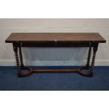 A REPRODUCTION OAK SIDE TABLE double fold over top single frieze drawers on barley twist legs united