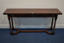 A REPRODUCTION OAK SIDE TABLE double fold over top single frieze drawers on barley twist legs united