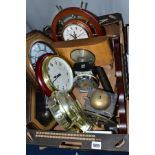 A BOX OF WALL CLOCKS, MANTEL CLOCKS, ETC, mostly quartz movements, includes a Shanghai alarm