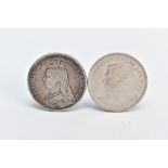 A BRITISH CROWN COIN AND A FIVE SHILLING COIN, the British crown coin dated 1889, depicting St.