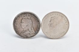 A BRITISH CROWN COIN AND A FIVE SHILLING COIN, the British crown coin dated 1889, depicting St.