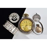 A SELECTION OF ITEMS, to include a ladies Swiss silver pocket watch with white floral detailed dial,