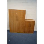 AN OAK DOUBLE DOOR WARDROBE and a matching tallboy (2)