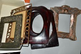 A BOX OF SIX LATE VICTORIAN/EDWARDIAN PHOTOGRAPH FRAMES, including a stamped copper Art Nouveau