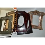 A BOX OF SIX LATE VICTORIAN/EDWARDIAN PHOTOGRAPH FRAMES, including a stamped copper Art Nouveau