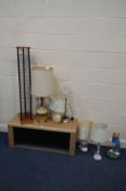 A MODERN BEECH TV STAND together with a CD rack seven table lamps including a 1970's lamp modern