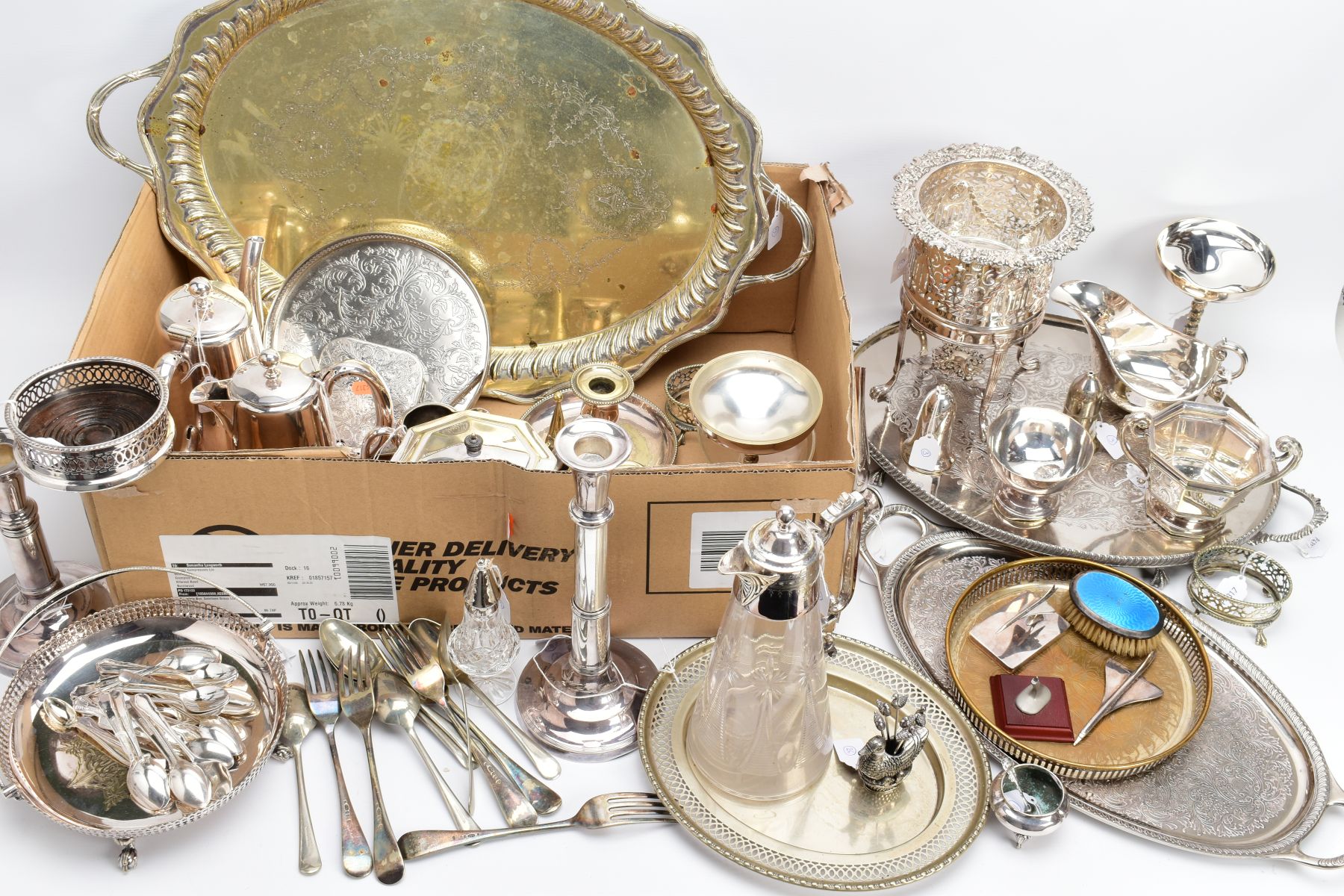 A BOX OF METALWARE, to include a large white metal oval tray, silver plated trays, a 'Mappin and