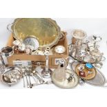 A BOX OF METALWARE, to include a large white metal oval tray, silver plated trays, a 'Mappin and