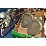 A COLLECTION OF FENCING AND BADMINGTON EQUIPMENT, including fencing foils, two head protectors, etc,