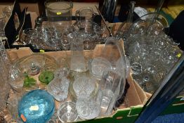 THREE BOXES OF GLASSWARE, including drinking glasses, vases, bowls, jug, dressing table tray, cake