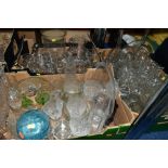 THREE BOXES OF GLASSWARE, including drinking glasses, vases, bowls, jug, dressing table tray, cake