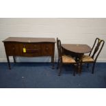 A MAHOGANY SERPENTINE SIDEBOARD width 143cm together with an oak gate leg table and two Edwardian