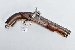 AN ANTIQUE 13 BORE PERCUSSION CAVALRY PERCUSSION PISTOL fitted with an 8'' barrel, it bears no proof