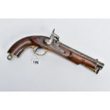 AN ANTIQUE 13 BORE PERCUSSION CAVALRY PERCUSSION PISTOL fitted with an 8'' barrel, it bears no proof