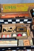 A COLLECTION OF VINTAGE GAMES ETC, including a wooden cased 'Kum-Bak Ring Tennis', a boxed '