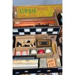 A COLLECTION OF VINTAGE GAMES ETC, including a wooden cased 'Kum-Bak Ring Tennis', a boxed '