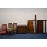 AN EARLY 20TH CENTURY OAK CHEST OF THREE DRAWERS together with two 4'6'' bed frames three oak chairs