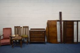 AN EARLY 20TH CENTURY OAK CHEST OF THREE DRAWERS together with two 4'6'' bed frames three oak chairs