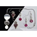 A SELECTION OF WHITE METAL JEWELLERY, to include a pair of openwork drop earrings set with three