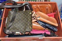 A BOX OF LADIES HANDBAGS, approximately fourteen in total including tan leather, Louis Vuitton style