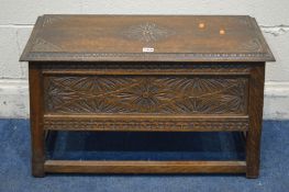 AN EARLY TO MID 20TH CENTURY CARVED OAK BLANKET CHEST width 76cm x depth 34cm x height 46cm