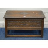 AN EARLY TO MID 20TH CENTURY CARVED OAK BLANKET CHEST width 76cm x depth 34cm x height 46cm