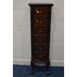 A TALL REPRODUCTION MAHOGANY CHEST OF SIX DRAWERS foliate decoration cabriole legs with ball and