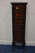 A TALL REPRODUCTION MAHOGANY CHEST OF SIX DRAWERS foliate decoration cabriole legs with ball and