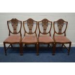 A SET OF FOUR MAHOGANY HEPPLEWHITE STYLE DINING CHAIRS with pink upholstered drop in seat pads