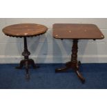 A LATE VICTORIAN BURR YEWWOOD OVAL TRIPOD TABLE together with a mahogany rectangular topped tilt top