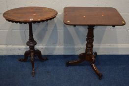 A LATE VICTORIAN BURR YEWWOOD OVAL TRIPOD TABLE together with a mahogany rectangular topped tilt top