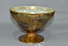 A WEDGWOOD DRAGON AND BUTTERFLY LUSTRE OGEE-SHAPED PEDESTAL BOWL, designed by Daisy Makeig-Jones,