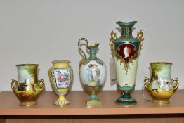 THREE PIECES OF ROYAL CROWN DERBY IN NEED OF RESTORATION AND TWO OTHER CERAMIC ITEMS, comprising a