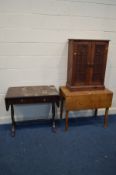 A GOLDEN OAK PEMBROOKE TABLE together with a pine two door cabinet and a mahogany sofa table (sd) (