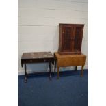 A GOLDEN OAK PEMBROOKE TABLE together with a pine two door cabinet and a mahogany sofa table (sd) (