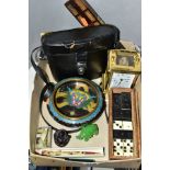 A BOX CONTAINING A CLOISONNE BOWL, PENS, a modern London Clock Co brass carriage clock, an inlaid