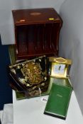 A LATE VICTORIAN LACQUERED STATIONERY BOX, gilt and coloured foliate decoration, pink silk lined,