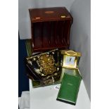 A LATE VICTORIAN LACQUERED STATIONERY BOX, gilt and coloured foliate decoration, pink silk lined,