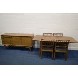 AN ALFRED COX TEAK DINING SUITE comprising an extending table 167.5cm x closed 131cm x depth 83cm