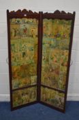 AN EARLY 20TH CENTURY MAHOGANY PANELLED TWO FOLD FLOOR STANDING SCREEN each panel decoupage detail