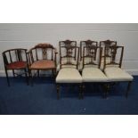 A SET OF SIX EDWARDIAN LYRE BACK CHAIRS (sd to one chair) together with a mahogany and inlaid bow