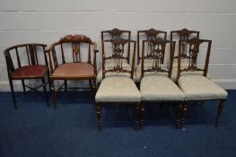 A SET OF SIX EDWARDIAN LYRE BACK CHAIRS (sd to one chair) together with a mahogany and inlaid bow