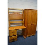 A MODERN PINE DOUBLE DOOR WARDROBE width 90cm x depth 56cm x height 188cm, desk with four drawers