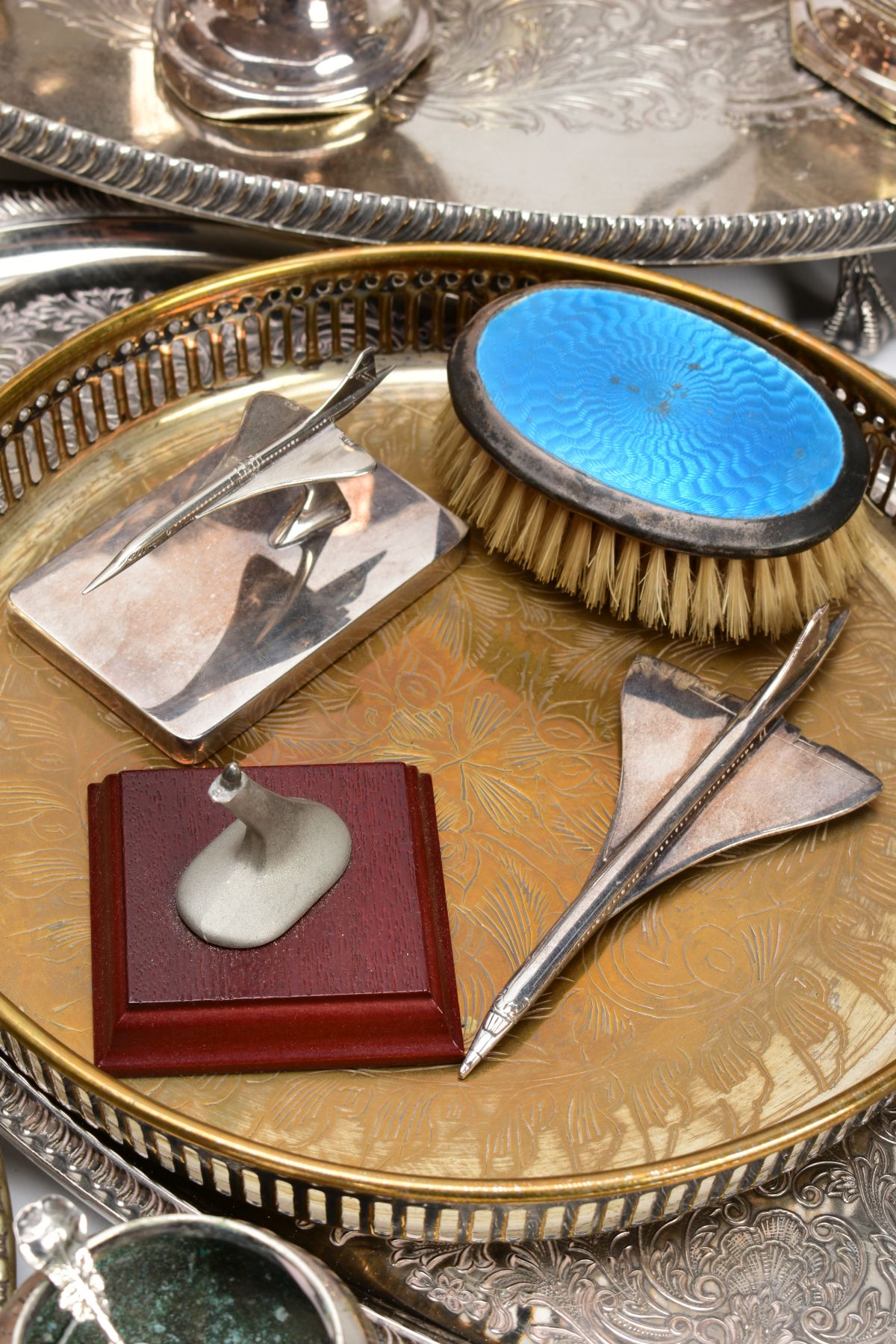 A BOX OF METALWARE, to include a large white metal oval tray, silver plated trays, a 'Mappin and - Image 4 of 11