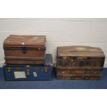 A VINTAGE DOMED TOP TRUNK width 88cm x depth 48cm x height 60cm (sd) a blue traveling trunk and a