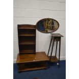 AN OAK COFFEE TABLE together with an oak open bookcase oak square topped torchere stand and an