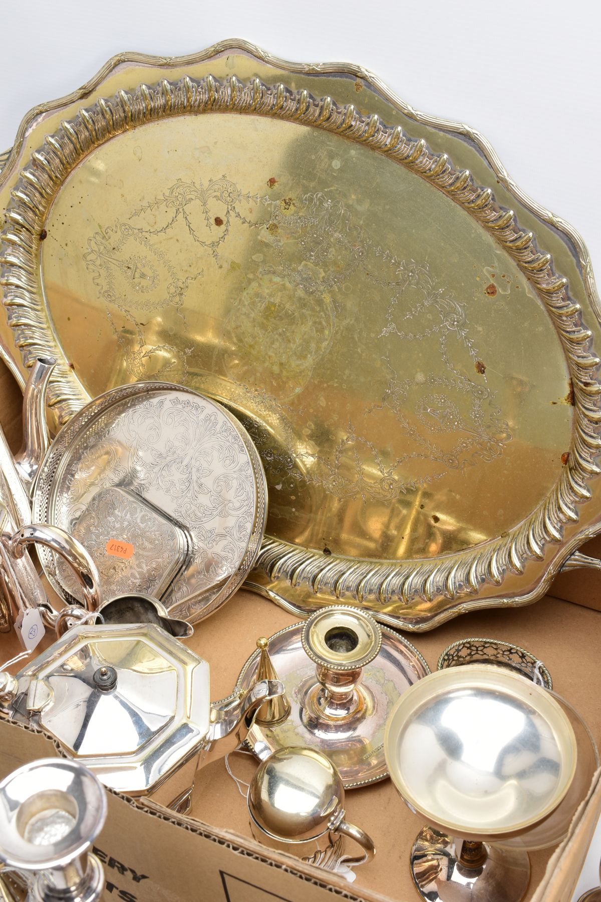 A BOX OF METALWARE, to include a large white metal oval tray, silver plated trays, a 'Mappin and - Image 7 of 11
