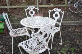 A CAST ALUMINIUM GARDEN TABLE AND FOUR MATCHING CHAIRS table 80cm in diameter