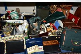 FOUR BOXES AND LOOSE CERAMICS, SUITCASES, PLACEMATS, COASTERS, ICE BUCKETS, PEWTER, etc, including